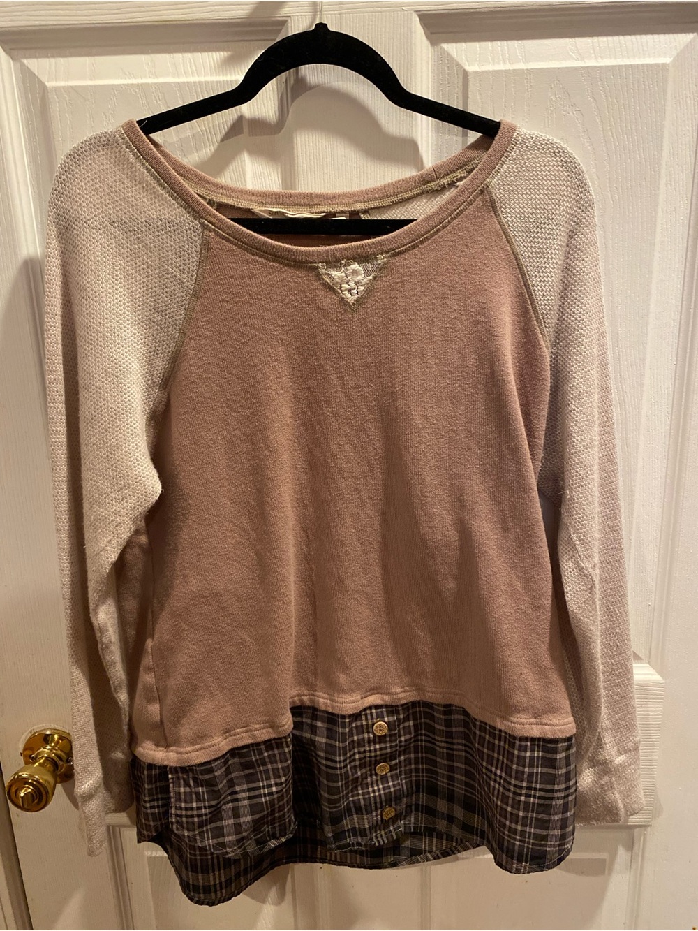 Soft Surroundings Dusty Rose and Cream Raglan Sweater with Plaid Hem